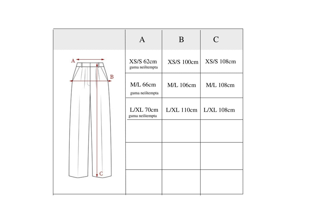 plačios kelnės Breezy išmatavimai